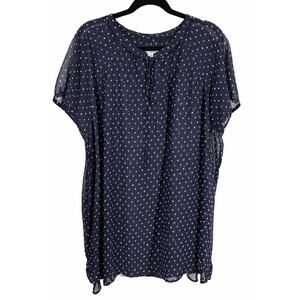 Liz Claiborne Woman 3X Navy Sheer Polka Dot Tie Neck Blouse Soft Office